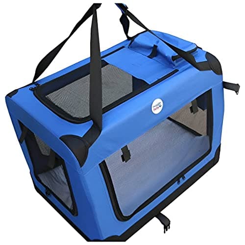HugglePets Foldable Fabric Pet Crate Carrier - Blue (Large 70 x 52cm) Lightweight & Ventilated Double Door Carrier for Dogs & Cats with Sheepskin Mat. Ideal for Home & Travel. — view 3