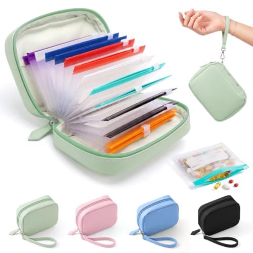 Waterproof Pill Organiser Set with 14 Pouches for Travel, 7 or 14 Day Medicine Case, Waterproof PU Leather Holder with Large, Colour-Coded Resealable Bags for Holidays & Daily Use, Green