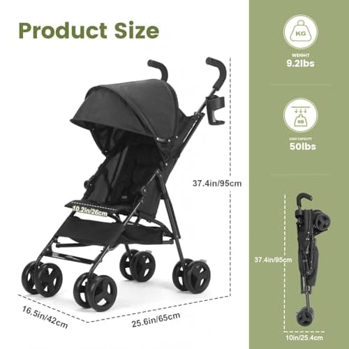 Baby Stroller, Umbrella Stroller with Foldable Pushchair with Adjustable Canopy, Folding Infant Newborn Pram Travel Stroller with Storage Basket, Cup Holder, Suspension Wheels for Infants 3-36M(Black) — view 2