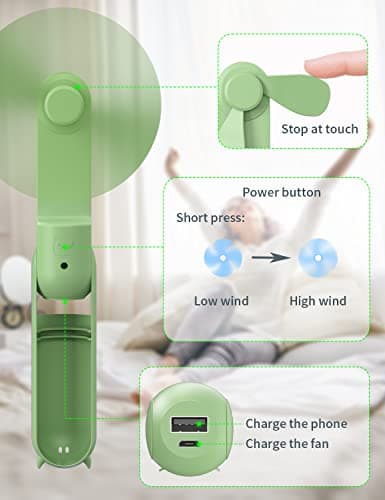LETSCOL Portable Handheld Fan, Mini Pocket Hand Fan, Foldable Personal Desk Fan with Power Bank, USB Rechargeable Fan for Makeup Home Travel Outdoor (Green) — view 6