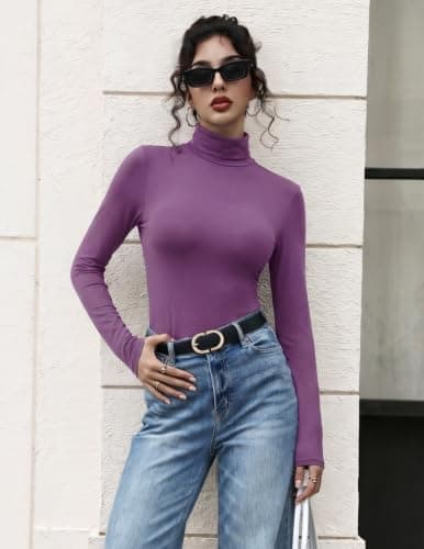 Zeagoo Roll Neck Top for Women Polo Neck Long Sleeve Thermal Jumper Purple — view 4