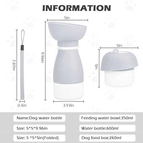 Shiergongli 2-in-1 Foldable Dog Water Bottle & Food Container – 600ml Portable Pet Dispenser with Bowl & Leakproof Valve, BPA-Free Travel Feeder for Puppy, Cat, Small Pets (grey, 600ml+260ml) — view 2