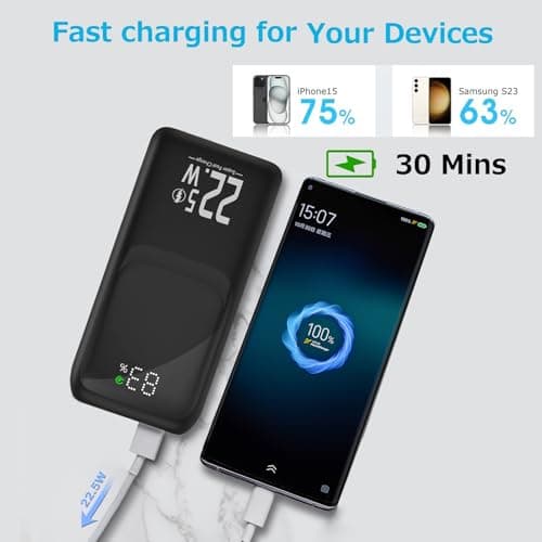 Power Bank 20000mAh, Fast Charging Portable Charger PD 22.5W USB-C in & Out, LED Display External Battery Pack for iPhone 16/15/14/13, Android Samsung Galaxy Smartphones (Black) — view 2
