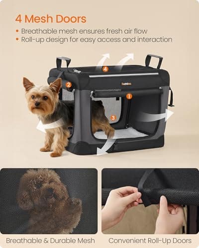 Feandrea Collapsible Dog Crate, Portable Pet Travel Crate for Small Dogs, 50 x 35 x 35 cm, Oxford Fabric Pet Carrier with Mesh Doors, Storage Pocket, Ink Black PDC015BH02 — view 4