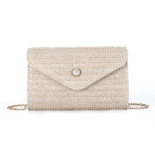 Ynport Crefreak Women‘s Straw Clutch Purse with Pearl, Lightweight Woven Envelope Bag for Beach Travel Holiday, Magnetic Closure Crossbody Handbag with Detachable Chain for Summer Evenings