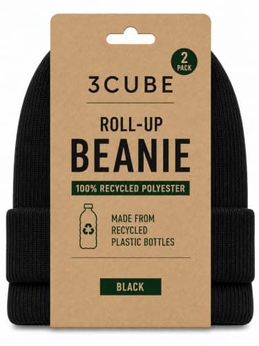 3CUBE Recycled Polyester Roll-Up Beanie Hats, Pack of 2, Unisex Winter Knitted Hats, Made from Recycled Plastic Bottles, One Size – Black, Navy and Royal Blue (Black) — view 3