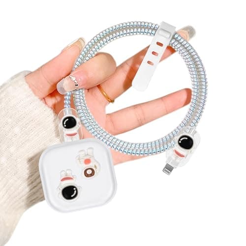 DiyGody Protector Set Compatible for iPhone 40W Charger Plug, Phone Charger Protective Cover for UK Apple Type-C/L Power Adapter, Data Cable Case Wire Saver Cute Design for Girls, White 3D Astronaut
