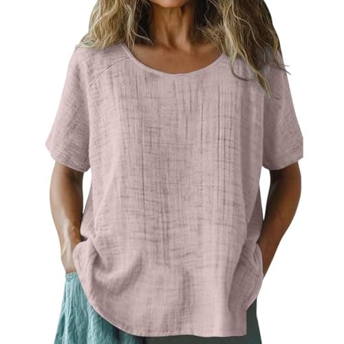 Women's Linen Blouse Summer Muslin Short Sleeve Shirt Crew Neck Basic Tops Elegant Cotton Linen Tops Plain Summer Vacation Beach Travel Blouse Light and Airy Sport Yoga Blouses & Tunics for Women — view 2