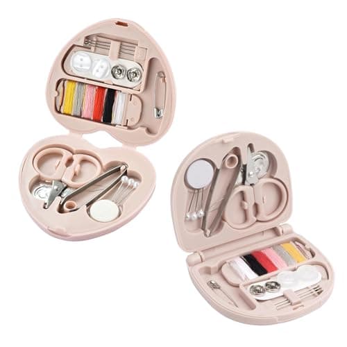 IUSOT 2Pcs Mini Sewing Kit, Travel Handbag Household Essentials Portable DIY Emergency Sewing Repair Supplies with Heart Shaped Storage Case, Needles, Cotton, Buttons, Pins, Thread, Scissors