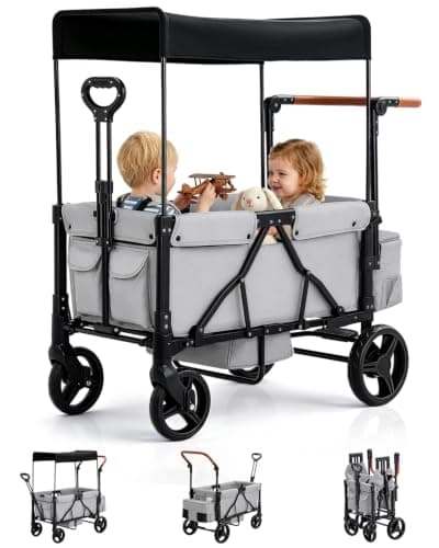 LALAHO Folding Wagon Stroller for 2 Kids with 5-Point Harness, Grey
