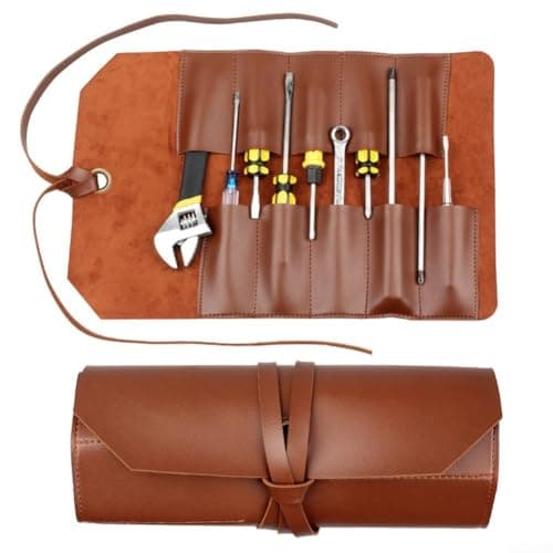 Zilimontt 1Pcs Portable Leather Tool Roll Bag, Multifunction Hardware Wrench Storage, Heavy Duty Waxed Canvas Tool Roll Bag For DIY Enthusiasts (Brown)