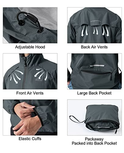 Rdruko Mens Hooded Waterproof Packable Rain Jacket, Grey M — view 6
