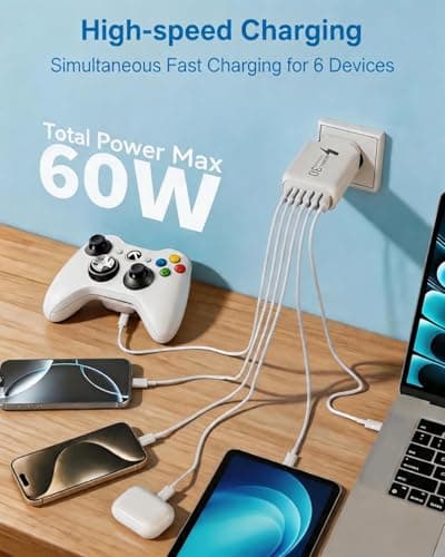 USB C Plug Fast Charge, 60W 6 Ports Multi Charger Plug UK USB Wall Charge — view 2