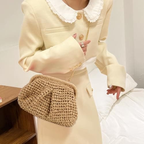 Kighdel Women's Cloud Dumpling Khaki Straw Clutch Purse, 26cm (L) x 20cm (W) x 4cm (H), Hand-Woven Raffia Beach Bag, Unique Design, Breathable Material — view 3
