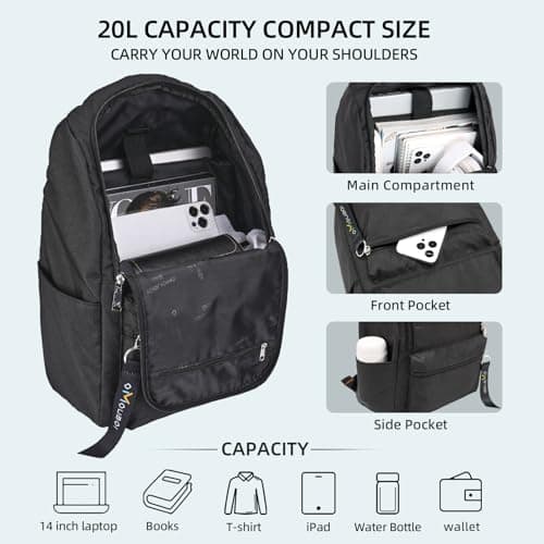 OMOUBOI Small Causal Daypack 14 Inch Laptop Backpack for Teenager Men Women Lightweight School Bags College Bookbag Water Resistant Travel Backpack Rucksack Work Bag (Black) — view 4