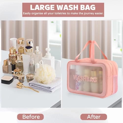 Large Clear Wash Bag, Dry Wet Segregation Toiletry Bag with Hollow Mesh Portable Makeup Bag PVC Waterproof Cosmetic Bag Travel Toiletries Bags for Women Men (Large-Pink) — view 3