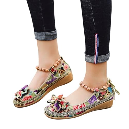 luoluoluo Womens Wedge Slip On Flats UK Sale, Bohemian Shoe Ethnic Comfy Closed Toe Platform Shoes Flower Print Sliders Bow Sandals Flat Mule Sandals Spring Summer Shoes Lightweight for Travel — view 2