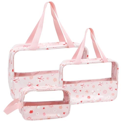 LOKIPA 3 PCS Clear Toiletry Bag,Travel Wash Bags Portable Waterproof Makeup Bags Handing Cosmetic Organizer for Traveling Men Women(Pink)