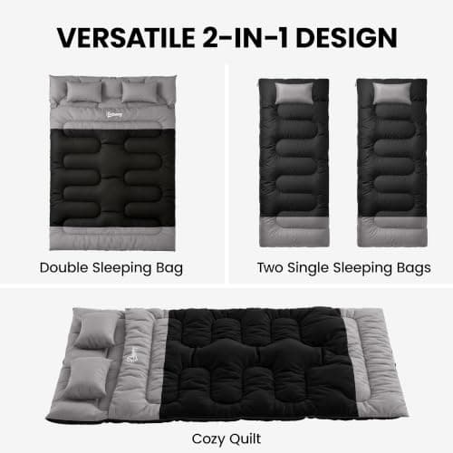 Outsunny Double Sleeping Bag with 2 Pillows 220 x 160 cm Black and Grey — view 3