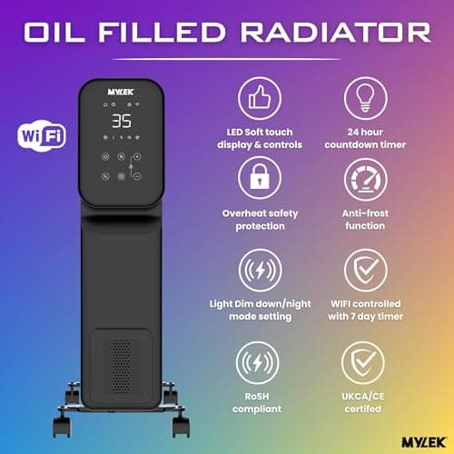 MYLEK Oil Filled Radiator Portable Smart Heater 2.5KW WiFi App Enabled, 3 Heat Settings, Timer, LED Display, Energy Electric Efficient, Safety Tip Over Protection (Black 2500W) — view 6