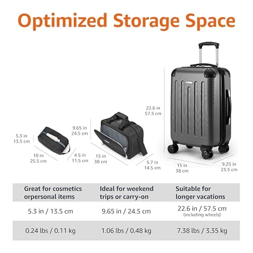 Amazon Basics Hardside Carry-On Spinner Luggage Set, 3-Piece, Carry-On Suitcase, Tote Bag, Compact Travel Bag, Expandable, 4 Spinner Wheels, Black — view 4