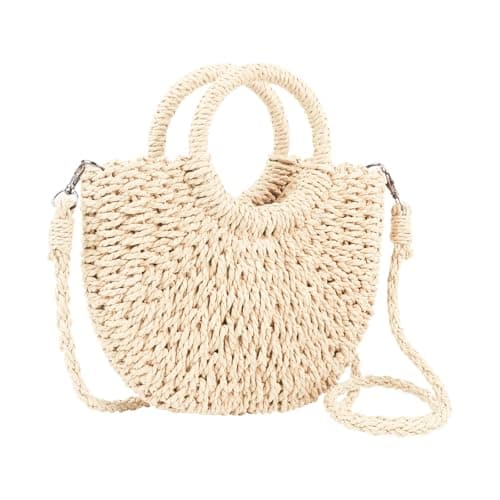 Womens Straw Beach Bag, Summer Straw Tote Bag for Women, Handwoven Rattan Handbag with Detachable Strap, Boho Style Top Handle Bag Clutch Purse for Vacation Travel Shopping