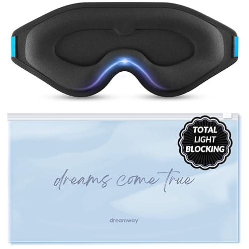 Dreamway 100% Blackout Sleep Mask - 3D Contoured - Memory Foam - Ice Silk Fabric - Seamless Fit - Includes Storage Pouch - Blackout Mask for Sleeping - Sleep Mask for Eyes (Black/Blue)