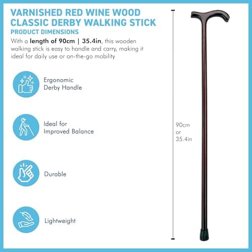 Varnished Red Wine Wood Classic Derby Walking Stick, solid, lightweight wooden stick with rubber ferrule for stability and comfort — view 6