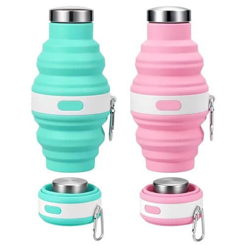 Huiguli 2-Pack Collapsible Water Bottle 475ml, Silicone Foldable Portable Bottle with Stainless Steel Lid, Reusable Leak-Proof for Travel Hiking Camping, Pink+Blue