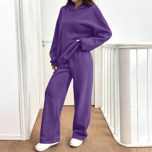 Tracksuit Womens Full Set Oversized 2 Piece Outfits Long Sleeve Hoodie and Sweatpants Women Lounge Wear Sets Fashion Sweatsuits Wide Leg Jogger Loose Loungewear Gym Fitness Activewear Set Purple M — view 2
