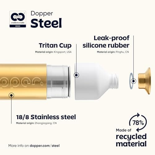 Dopper Steel Gold drinking bottle 490ml - stainless steel water bottle - BPA free water bottle, 18/8 stainless steel, leakproof - sports bottle for sports, outdoor & office — view 4