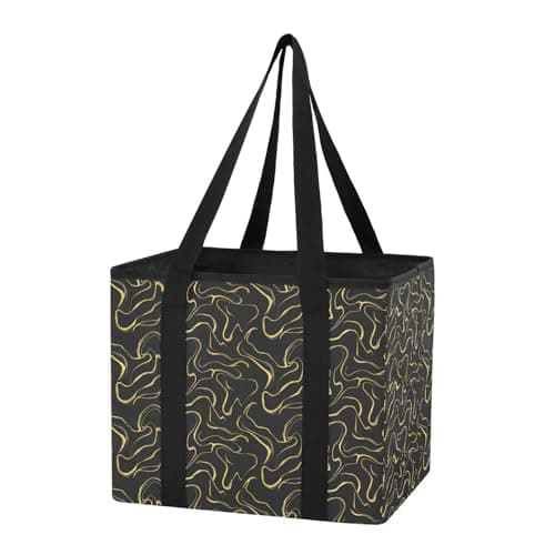 Grckit Car Trunk Organizer Black Gold Wavy Lines Heavy Duty Collapsible Storage Tote Bag with Reinforced Handles for Shopping Travel Picnic