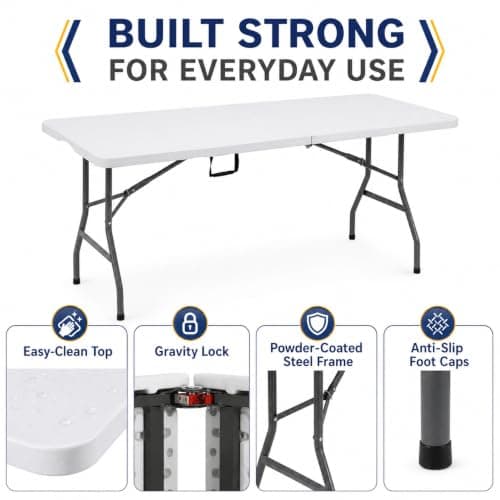 JupiterJX 6ft Camping Table Foldable, Portable Folding Tables, Ideal For Catering, Camping, Picnic, Party - Compact Trestle Table with Carry Handle BBQ Indoor/Outdoor Table — view 3