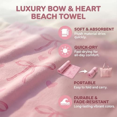 VorErgyllic Pink Bow Beach Towel for Girls Women - Cute Bow Pool Towel Plush Fabric Kids Adult Gift for Bath Sport Travel Swimming Camping 75x150cm — view 4