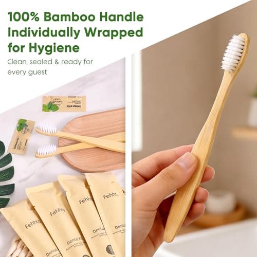 FEHHTO Compostable Personal Hygiene Kit Bulk 25 Sets, Disposable Travel Toiletry Kit, Eco Friendly Hotel Bathroom Amenities for Guest Care, with Bamboo Toothbrush, Toothpaste, Comb, Soap & Shower Cap — view 3