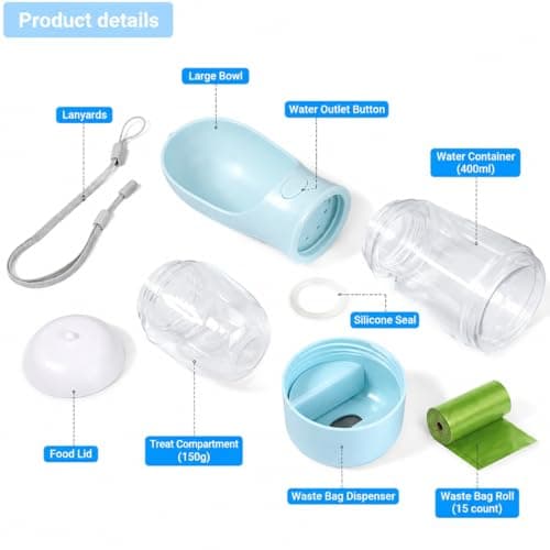 4‑in‑1 Portable Dog Water Bottle, Leak Proof Dog Walking Water Bottle with Large Capacity (400 ml), Food Container (150g), Pet Water Bottle for Dog Travel Water Bottle, Walking Hiking Puppy Cat — view 3