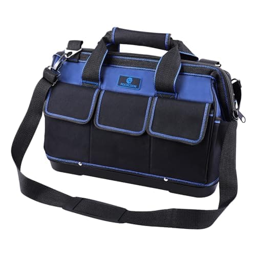 ROCKCOON Tool Bag 16'', Multi-pocket Tool Organizer with Water Proof Rubber Base, Heavy Duty Tote with Shoulder Strap for Tool Storage, Black & Blue