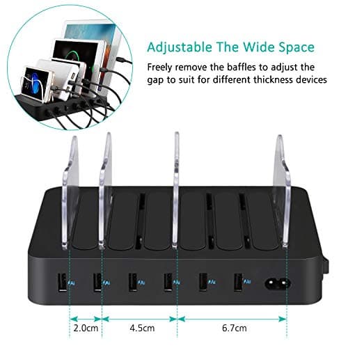 PRITEK Smart IC USB Charger with Cables for Cellphones, Tablets, Earphones and More - 6 Ports Multi Device Charger Station (Black) [Original: Organizer; Updated: Docking Station] — view 6