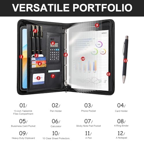 Leathario Portfolio Folder A4, Vegan Leather 4-Ring Conference Folder, Includes 10 Clear Sheet Protectors and a Pen, Multi-Pocket Travel Document Holder, Folder Organiser, Office Supplies — view 3