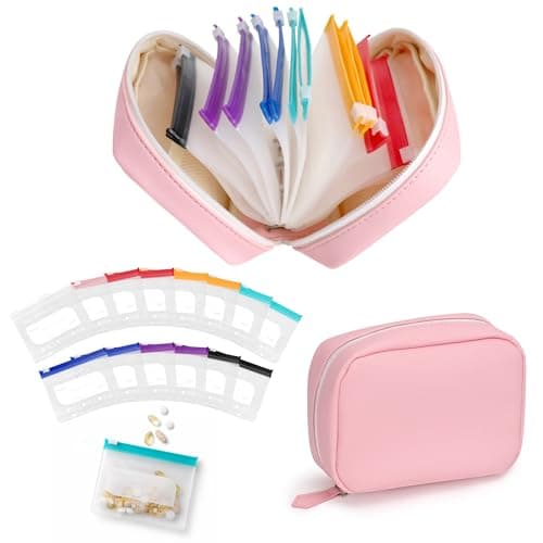 A8 Waterproof Pill Organizer Set,Pill Organiser with 14 Color-Coded Pill Pouch,7-14 Day Zipper Pill Pouches for Travel,Reusable Weekly Medicine Organiser Binder,Portable Dosset Box for Vitamin (Pink)