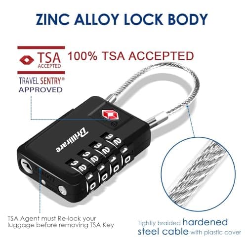 2 Pack TSA Approved Luggage Locks, Alloy 4-Digit Combination Travel Cable Padlock, Metal Waterproof Lock, TSA Accepted Outdoor Keyless Resettable Lock for Lockers, Bags, Gym, Gate-Black — view 3