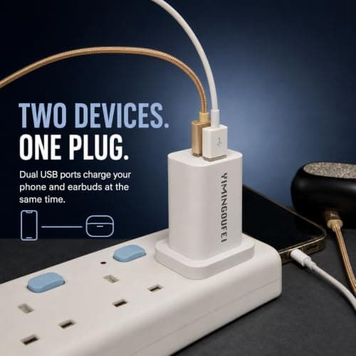 YIMINGOUFEI Dual USB Plug Charger, 12W 5V/2.4A UK 3-Pin Adaptor, White — view 2
