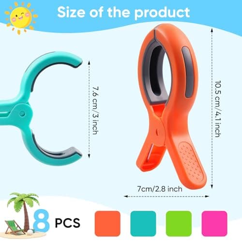 8 Pcs Large Beach Towel Clips for Sun Loungers, 4 Inch Clothes Pegs Extra Strong, Windproof Laundry Clips Towel Clips for Beach Loungers, Keep Your Towel from Blowing Away, 4 Bright Colors — view 5
