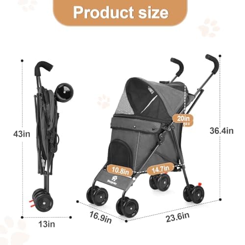 Travel Portable Dog Stroller, Pet Stroller for Small Puppy Dogs & Cats, Up to 33 lbs, (Dark Grey) — view 2