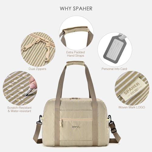 SPAHER for Ryanair Cabin Bags 40x30x20 Underseat Wizzair Carry on Hand Luggage Foldable Travel Duffel Bag 25L Holdall Tote for Women and Men for Travel Overnight Hospital Weekend, Khaki Stripe — view 5