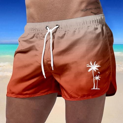 Men's Gradient Print Sporty Beach Shorts Polyester Stretch Waist Casual Travel Summer Fashion Pants (Orange-e, S) — view 2