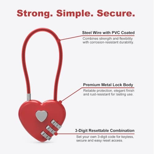 UP Security Premium Combo Lock, Combination Locks for Travel Security, Small Cable Lock for Backpack, Travel Security, Luggage, Suitcase, Bag, Anti-Theft, 3-Digit Password, No Keys (Red+Red) — view 4
