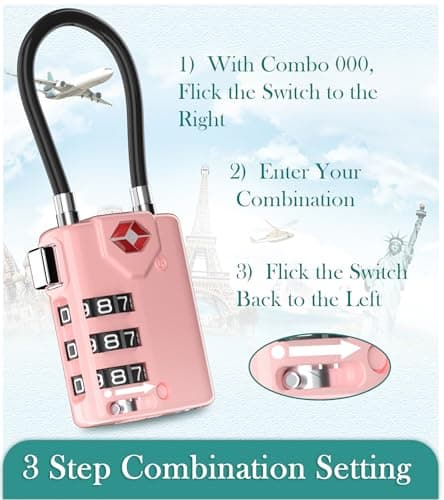Search Alert TSA Approved Travel Combination Luggage Cable Locks for Suitcase, Gym Locker,Toolbox,Backpack 1,2,4,6 &10 pk (Pink 2 Pack) — view 6