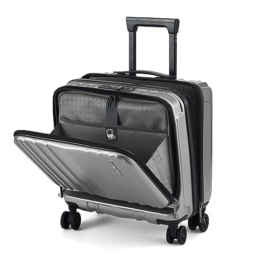 TydeCkare 16" Carry on Luggage with 2 Laptop Compartments, ABS+PC Suitcase with Dual Control TSA Lock, 4 Spinner Wheels, for Business Travel, Silver Grey