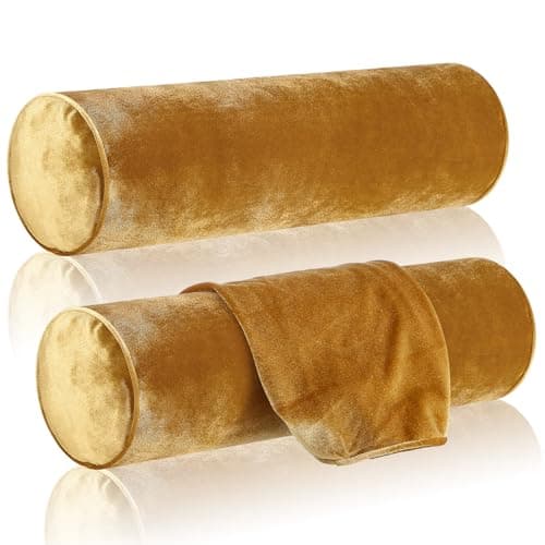 Qinyoung Luxury Velvet Round Pillowcase 17 Inches - Cervical Neck Roll for House Home Decor - Cylindrical Bolster Cushion (Gold, 2 Pcs)